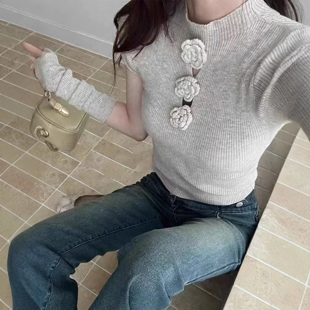 

Detachable Sleeve Knitted Sweater Women Korean Spring Jumper Fall Fringe Trim Crew Childhood Bird Print Artistic Inspired Navy