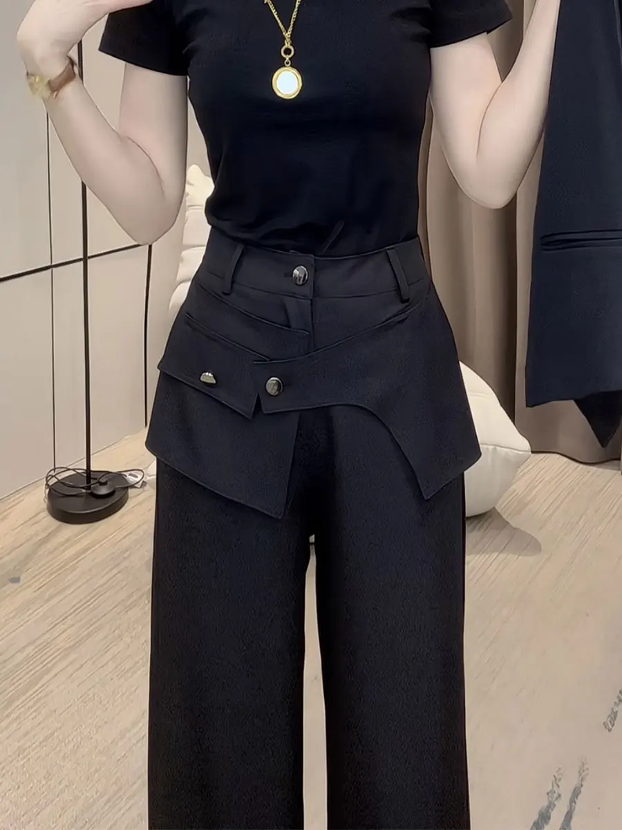 

Bla Casual High Waist Wide Leg Pants Women's Faionable Autumn Sle Fake Two-Piece Suit Casual Pure Color Buttoned Trousers