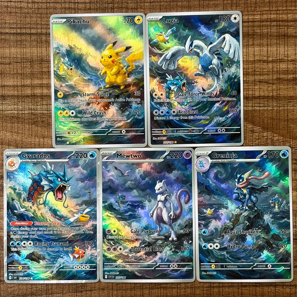 5Pcs PKM Cards PTCG Sea Wave Style Lugia Gyarados Mewtwo Greninja Full Art Illustration Display Collection Cards PTCG Gift