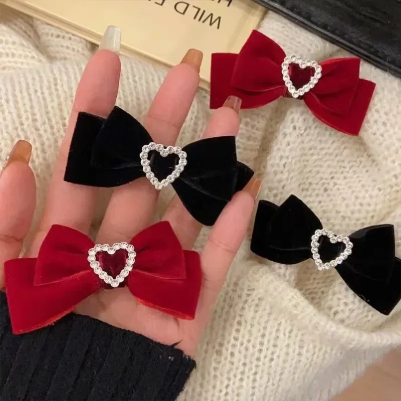 Korean 2pcs Elegant Princess Velvet Baby Hair Clip Sweet Belt Bow Heart Barrettes Cute Kids Girl BB Clip Children's Headwear