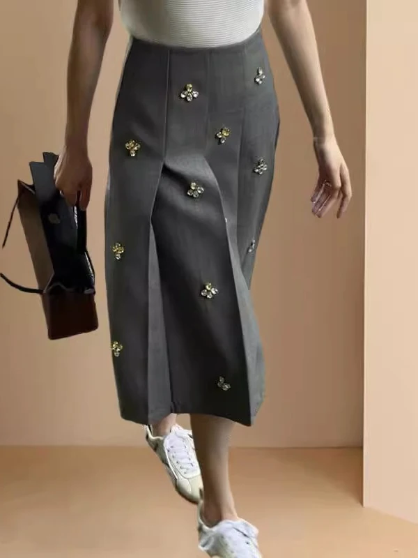 

High Waist A-Line Midi Skirt Women's Summer 2025 New Small Size Pleated Slimming f-length Korean Sle Commute Pure Color