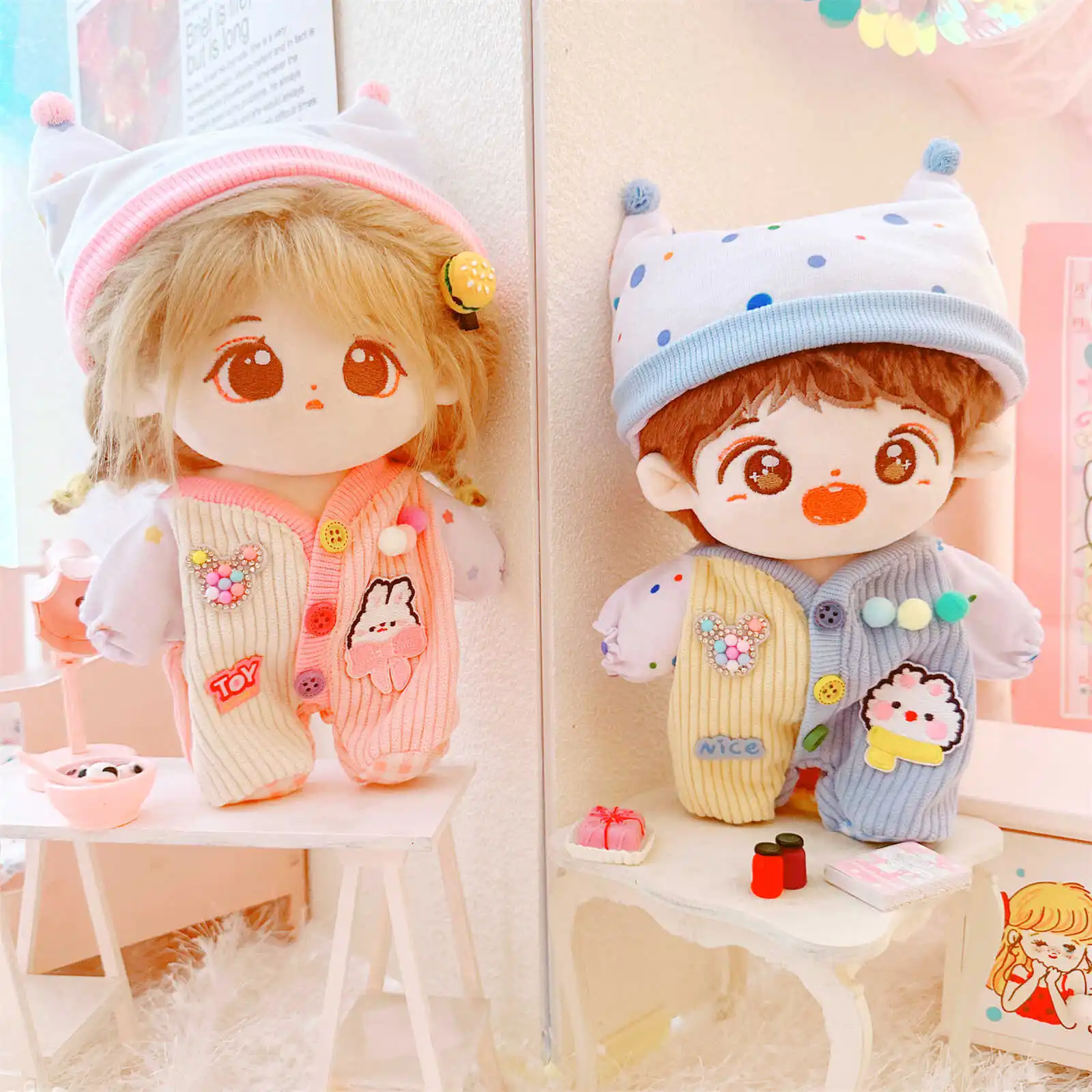 10/20cm Kawaii Idol Doll Clothes for Pink Blue Pajamas Set Cute Stuffed Cotton Doll Clothes DIY Dress Up Changing Clothes Games