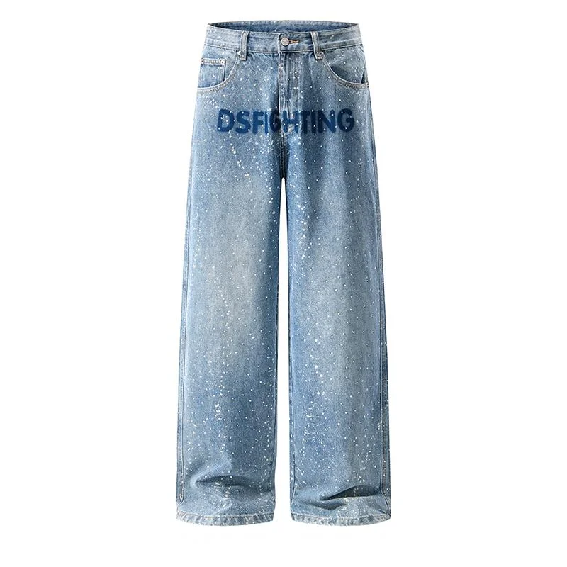 Calça jeans masculina de cintura alta, perna larga, azul claro, estampa de letras, solta, comprida, jeans, qlf8