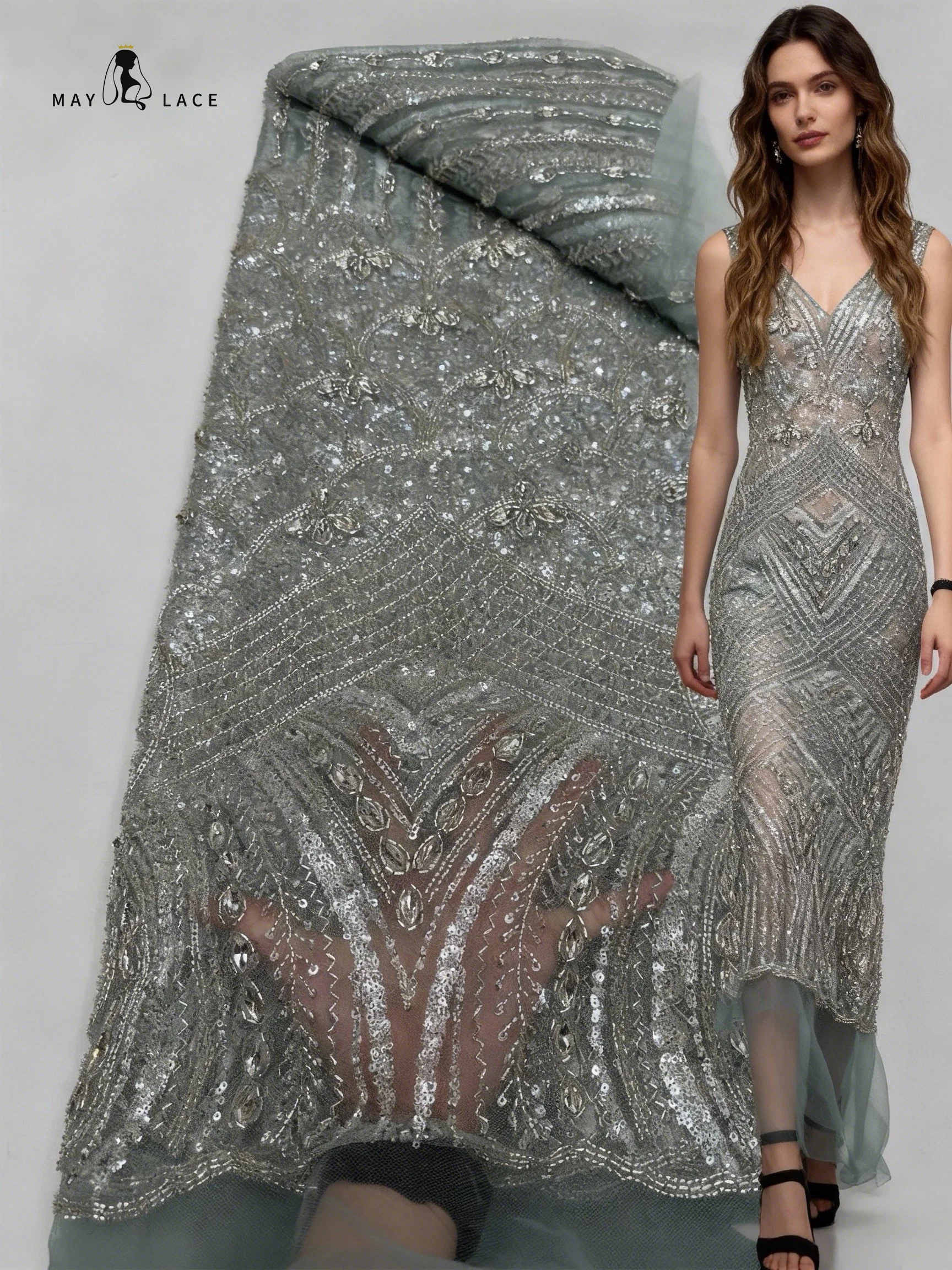 

African Heavy Beaded Lace Fabric 2026 High Quality Lace 5 Yards Nigerian Sequins Groom Fabric Material For Wedding Party Dress