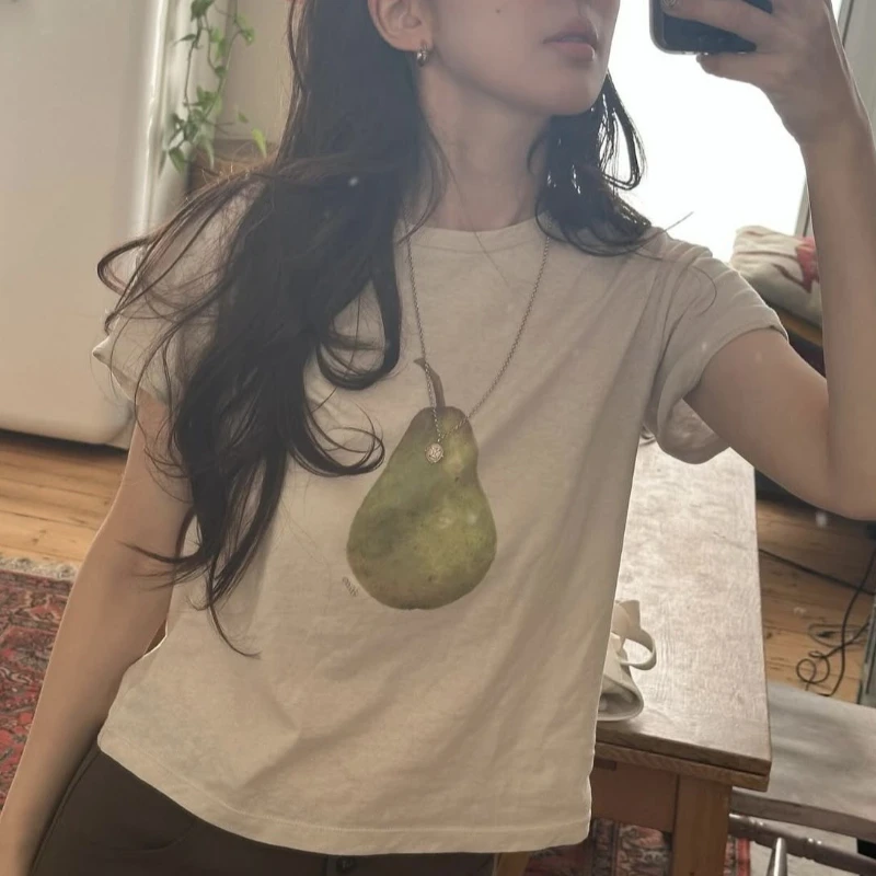 Korean Fashion Simple O Neck Short Sleeve Casual T Shirts Y2k Aesthetic Office Lady Fruit Print Fresh Women Clothes Punk Tops