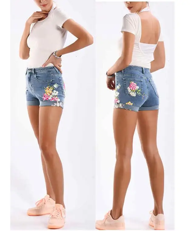 Women's denim shorts, wide leg, elastic, embroidered, flower, fashion Jean Shorts