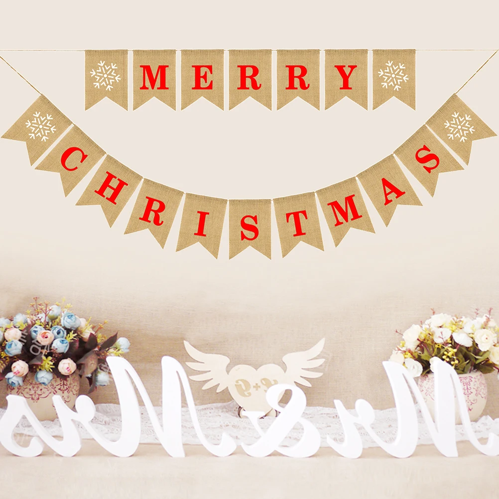 

MERRY CHRISTMAS Letters Bunting Banner Decoration Snowflake Pattern Linen Burlap Banner Swallowtail Pull Flag Party Supplies for