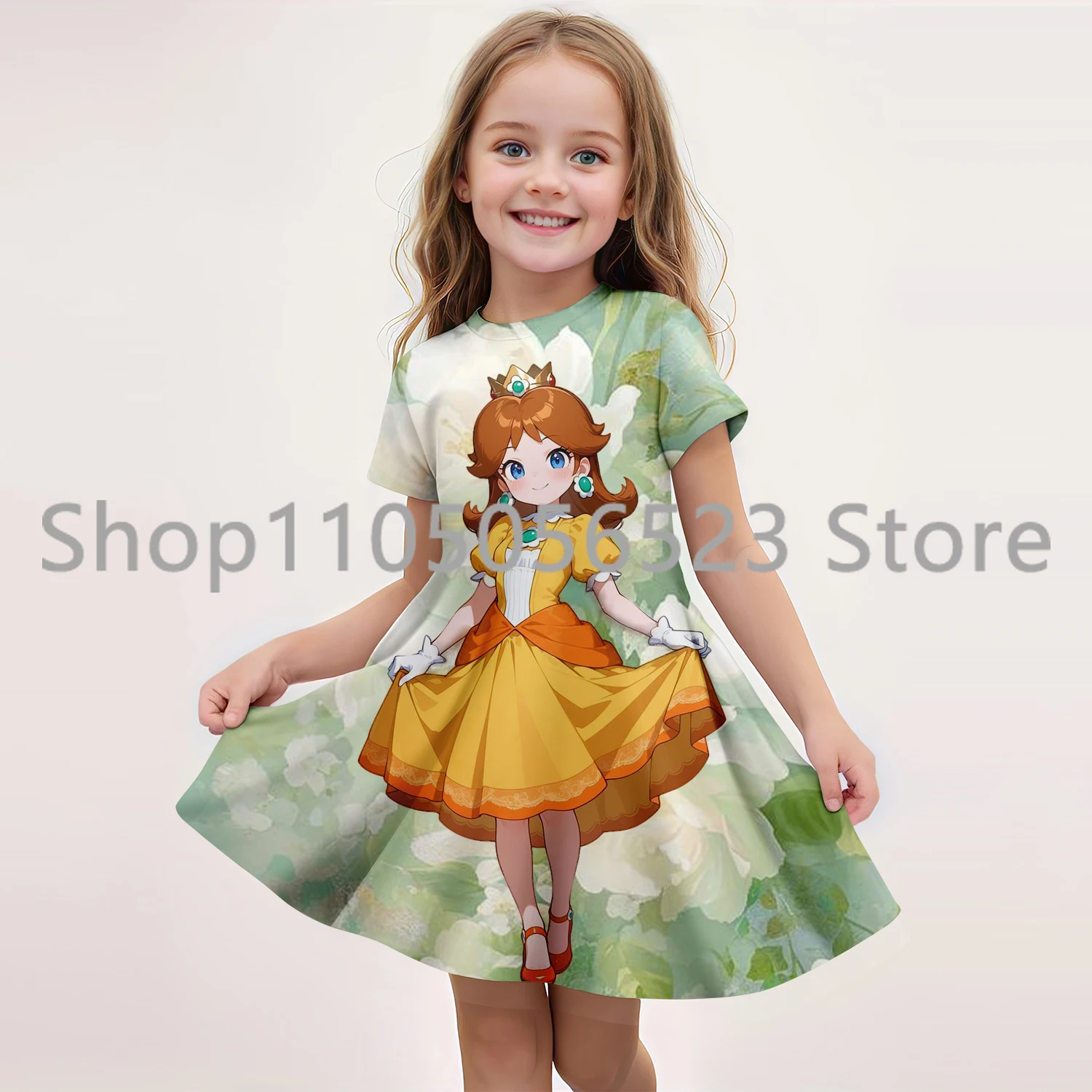 

2025 Summer New Children's Clothing 3D Printed Princess Daisy Cute Short-Sleeved Dress 7-13 Years Kids Performance Clothing