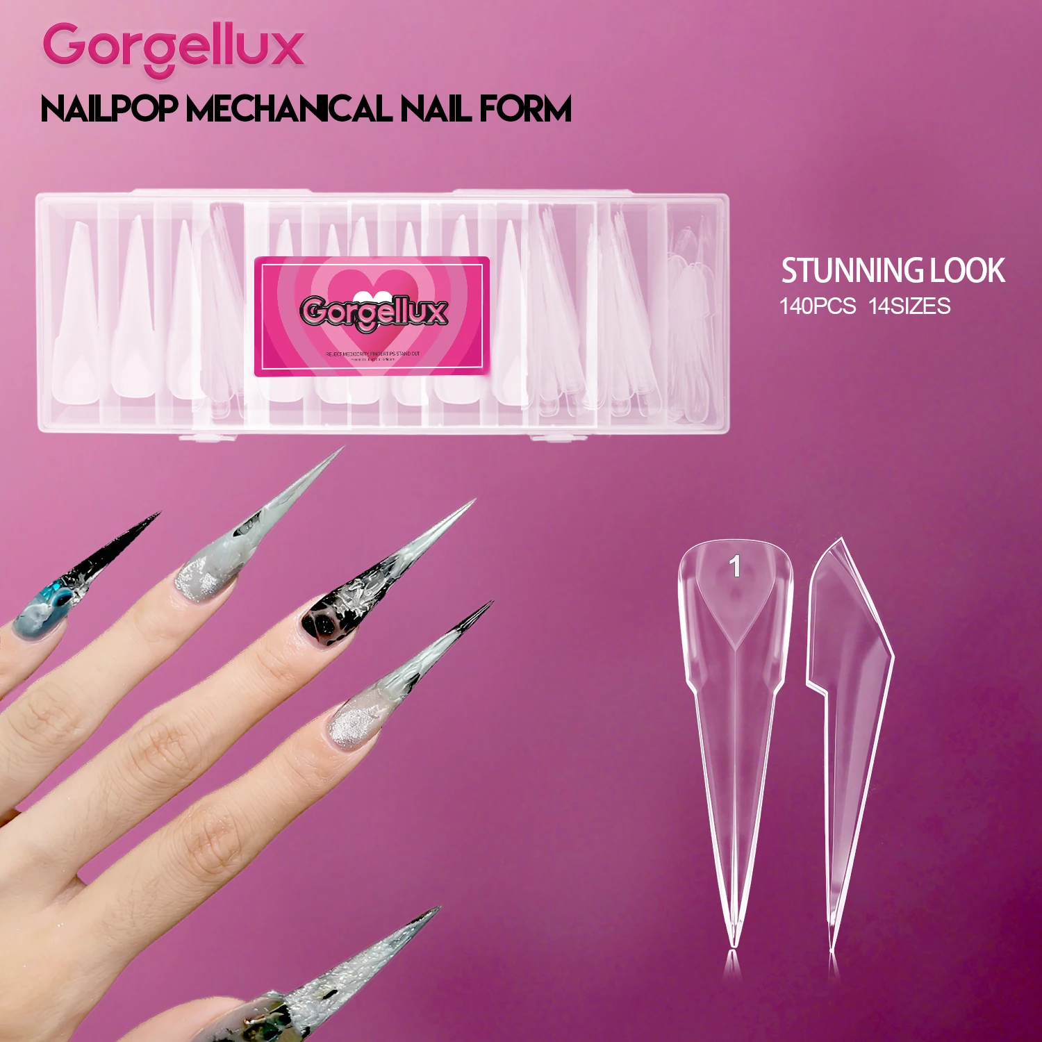 

Gorgellux Mechanical Nail Form 14 Sizes Clear DIY Nail Art Perfect Shape Dragon Claw Nail Professional Salon Home 140pcs