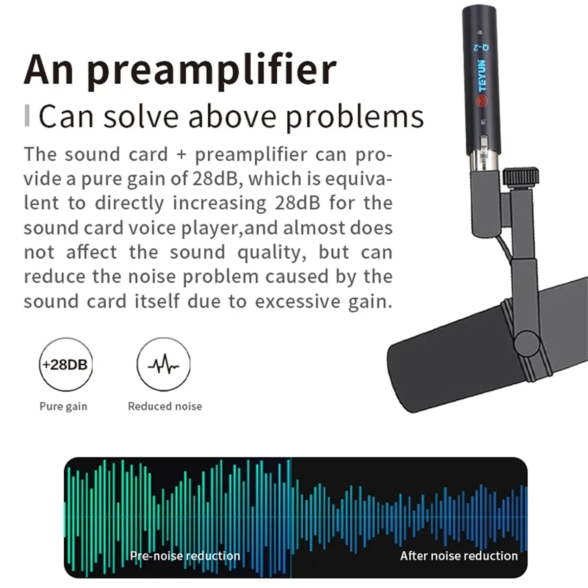 TEYUN Q2 Microphone Dynamic Preamplifier 28Db Gain Dynamic Mic Amplifier 48V Metal Structure Q-2 for Live