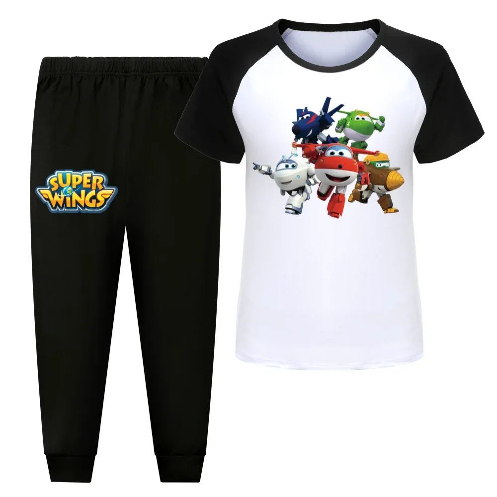 슈퍼 윙스 제트 코스튬 어린이 여름 반팔 티셔츠 스웻팬츠, 유아 소녀 의상, 소년 캐쥬얼 스포츠웨어, 2 개 세트 패션