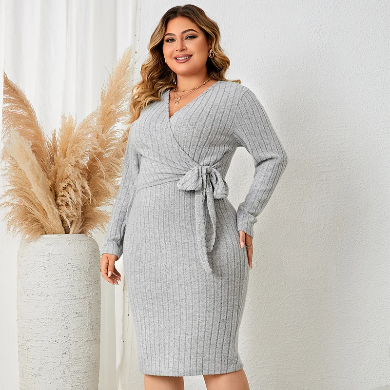 Plus Size Womens Clothing Sexy Deep V Belted Wrap Dress Long Sleeve Autumn & Winter Warm Midi Sweater Dress Elastic Female Dress