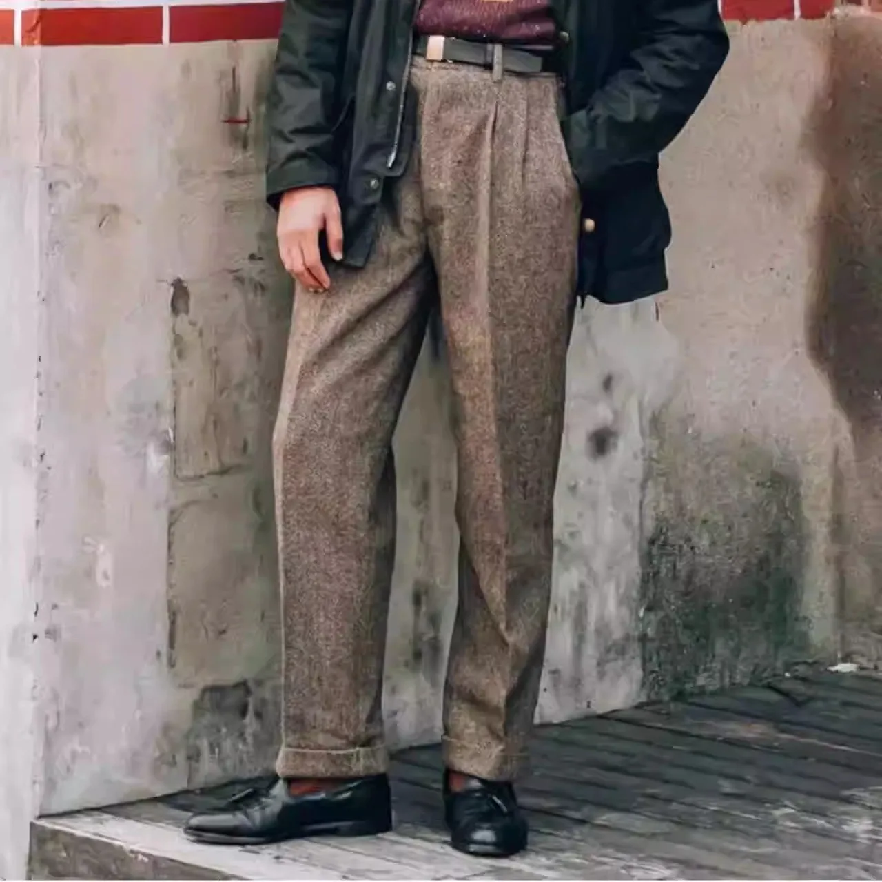 Autumn Pants in Khaki Melard Style with Herringbone Pattern, Wool, Wrinkle-Free, Cold-Resistant, Plus-Size American Retro Casual Pants