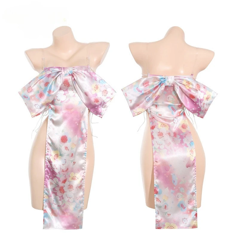 Sexy sakura quimono cintura alta vestido de fenda lateral porno lingerie bonito impressão camisola arco entizar pijamas trajes charme exótico