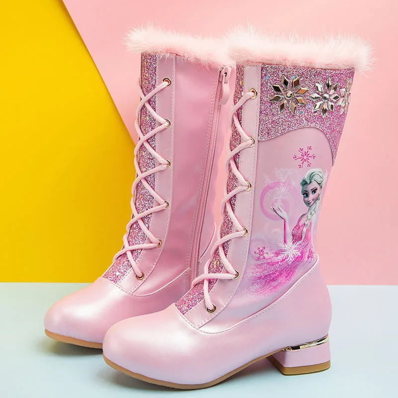 Girls High Heel Boots Winter New Princess Elsa Long Boots Children High Boots Fleece-lined Knight Little Girl Shoes Fashion