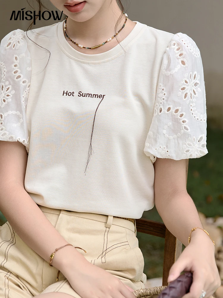 MISHOW Hollow Bubble Sleeve T-shirt for Women 2024 Summer Sweet Letter Embroidered Tees Round Neck Short Sleeved Top MXD29T0337