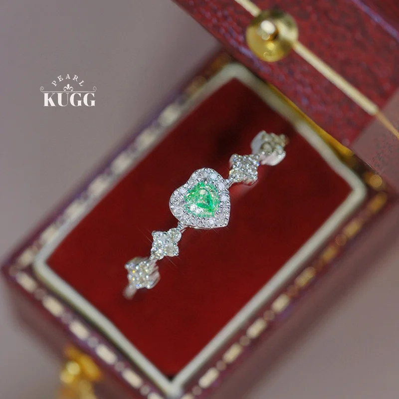 

KUGG 18K White Gold Rings Romantic Heart Shape 0.35carat Real Natural Green Diamond Engagement Ring for Women Wedding Jewelry