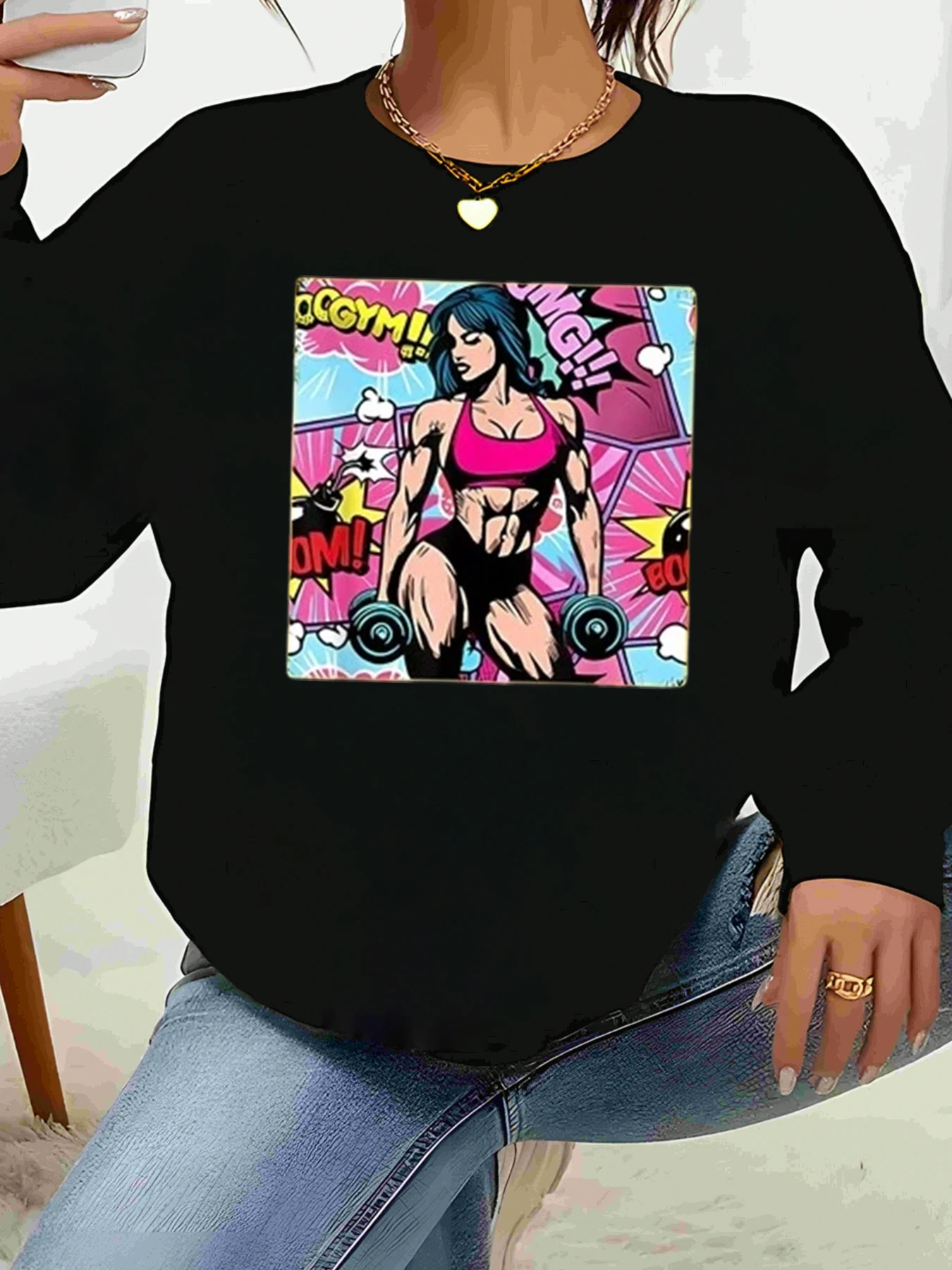 تي شيرت نسائي بأكمام طويلة مطبوع عليه فتاة الصالة الرياضية الهزلية ملابس غير رسمية للياقة البدنية #1