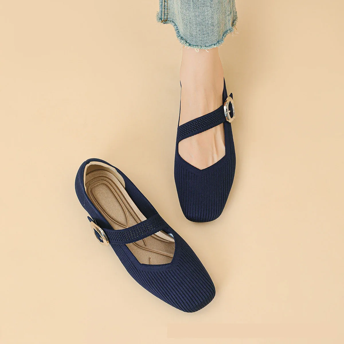 2025 Spring Knitted Fabrics Mary Jane Shoes Women Ballet Flats Shoes Comfortable Soft Square Toe Shallow Mouth Shoes for Women