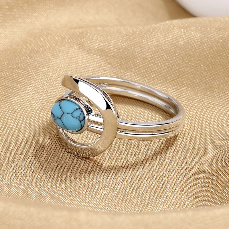 Unisex Oval Blue Stone Wedding Bands Synthetic Turquoise Rings For Women Men Silver Color Vintage Engagement Ring Party Jewelry