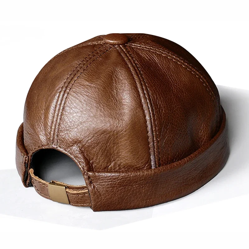 Retro Spring/Winter Women Genuine Leather Cowhide Adjustable Watermelon Thick Beanie Hats Male Casual Caps Black Bonnet Mujer