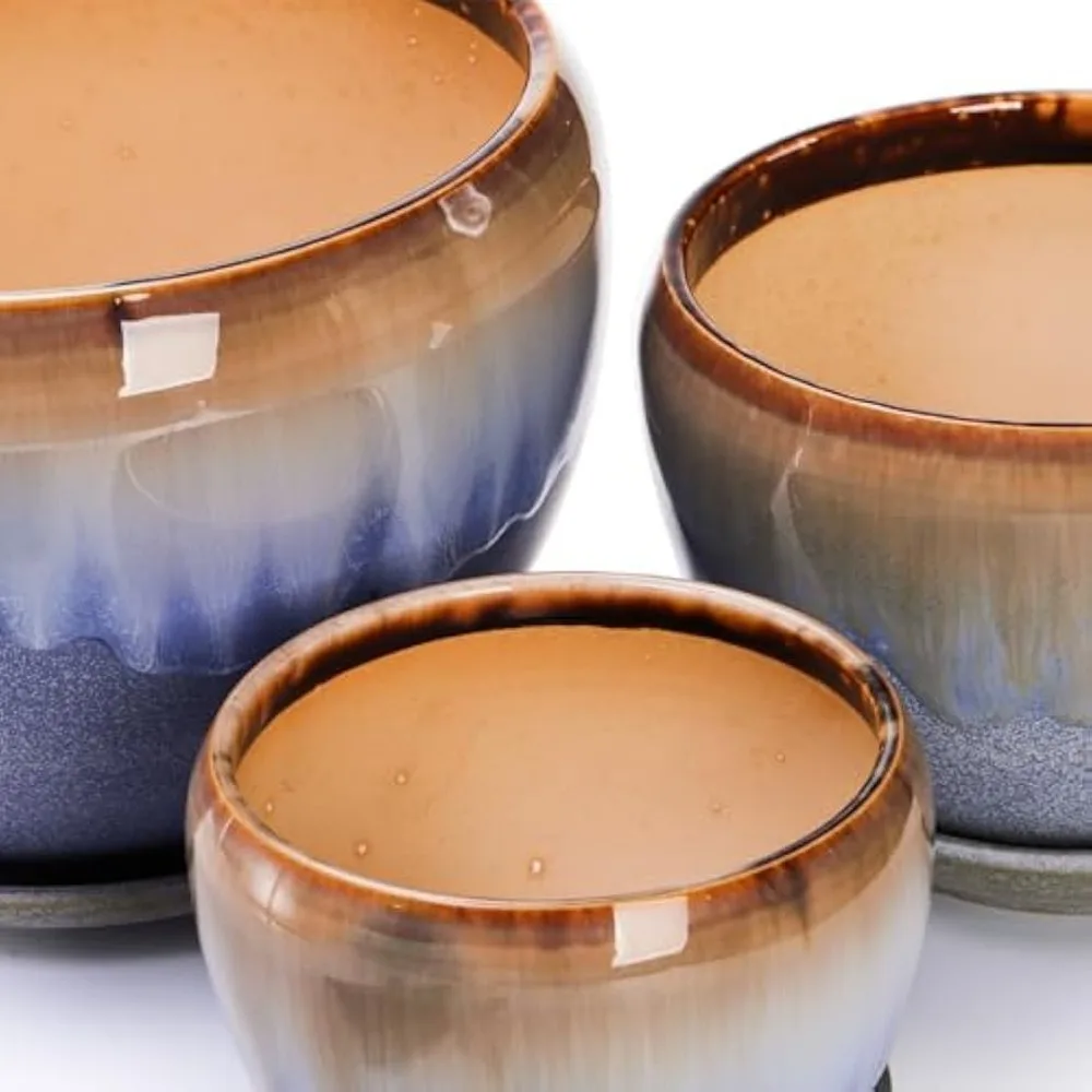 avla 3 pack ceramic plant pots, gardening drip glazed planters, decorative flower pot with drainage hole and saucer, round rusti