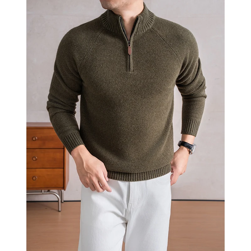 100% Sheep Wool Thick Clothes Men 2025 Winter Classic Zipper Sweaters Male Mock Neck Cashmere Wool Warm Knitwear Pullovers