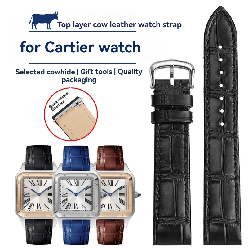 حزام جلدي سريع التحرير 15.5 ملم 17.5 ملم لكارتييه سانتوس دومونت - حزام ساعة من جلد البقر الأصلي للنساء، (أسود/أزرق/بني) #1