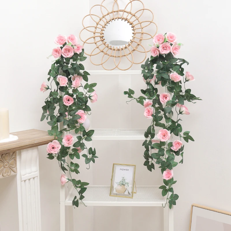 Rose Artificial Flowers Vine Hanging For Wedding Garland White Pink Home Room Wedding Decoration Silk Fake Plants Rattan Leaves