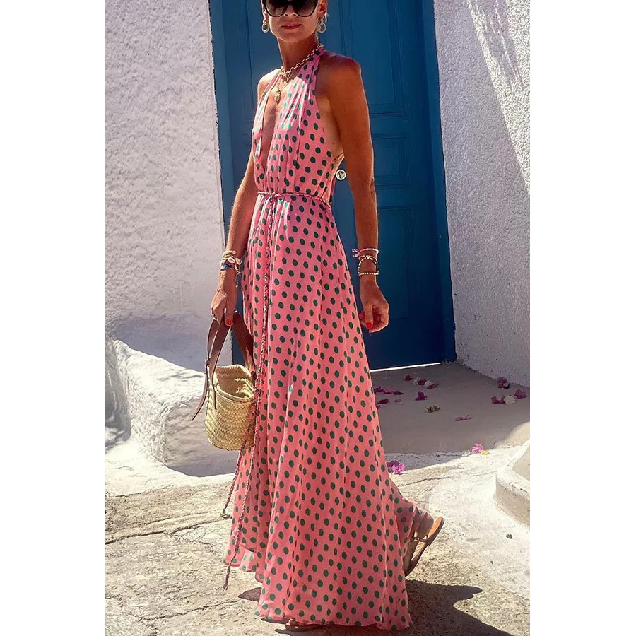 Mulheres primavera e verão novo pescoço vestido casual solto férias feminino grande vestido profundo decote em v cintura alta