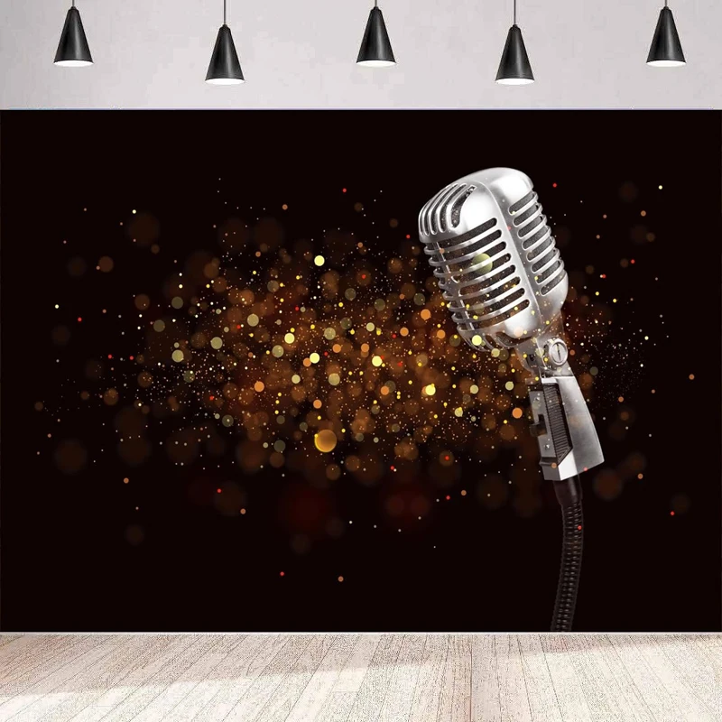 Photography Backdrop Gold Glitter Spots Karaoke Microphone Rock Roll Concert Music Background Party Backdrop Wall Banner Poster