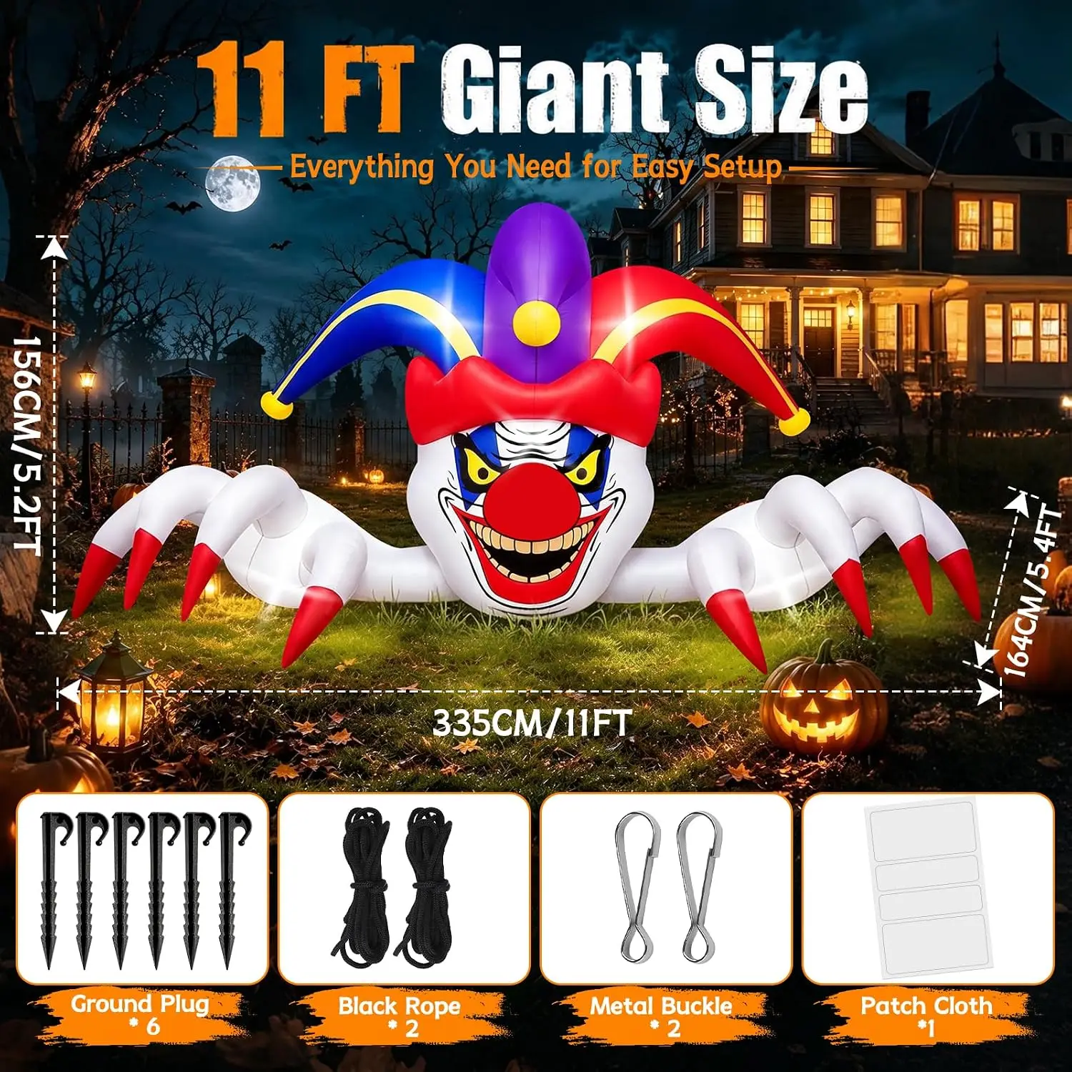 11FT Long Scary Clown Inflatable Halloween Yard Decoration with Built-In Lights - Blow Up Outdoor Clown for Rooftop, Balcony, Garden, Lawn, Indoor & Outdoor Use