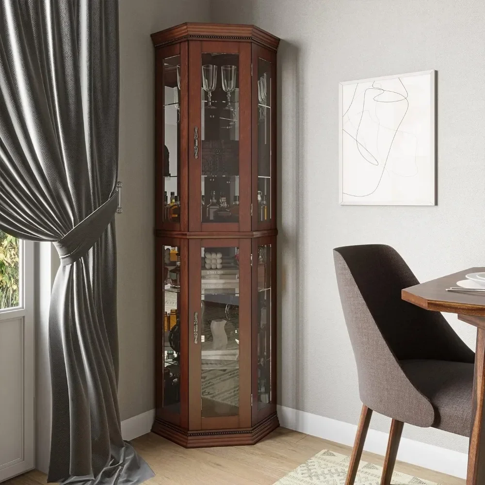 Iluminado Canto De Madeira Display Curio Cabinet, Unidade De Duas Seções Prateleiras Com Porta De Vidro Temperado, Bar Corner