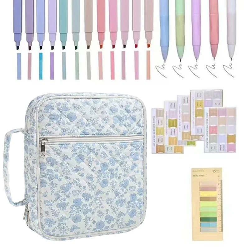 

1Set Blue Floral Print Book Small Items Storage Bag Bible Cover Cases Portable Zipper Bags Journaling Kit with Pens Stickers ZYF