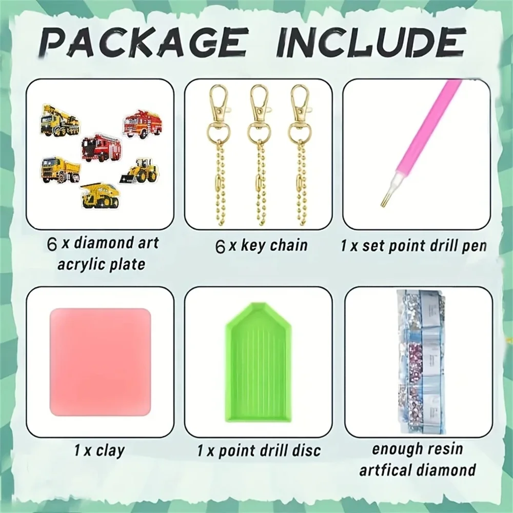 6 pezzi/set portachiavi pittura diamante fai da te - modello camion dei pompieri, decorazione fai da te, kit di diamanti forniture artigianali, pittura a mosaico fatta a mano