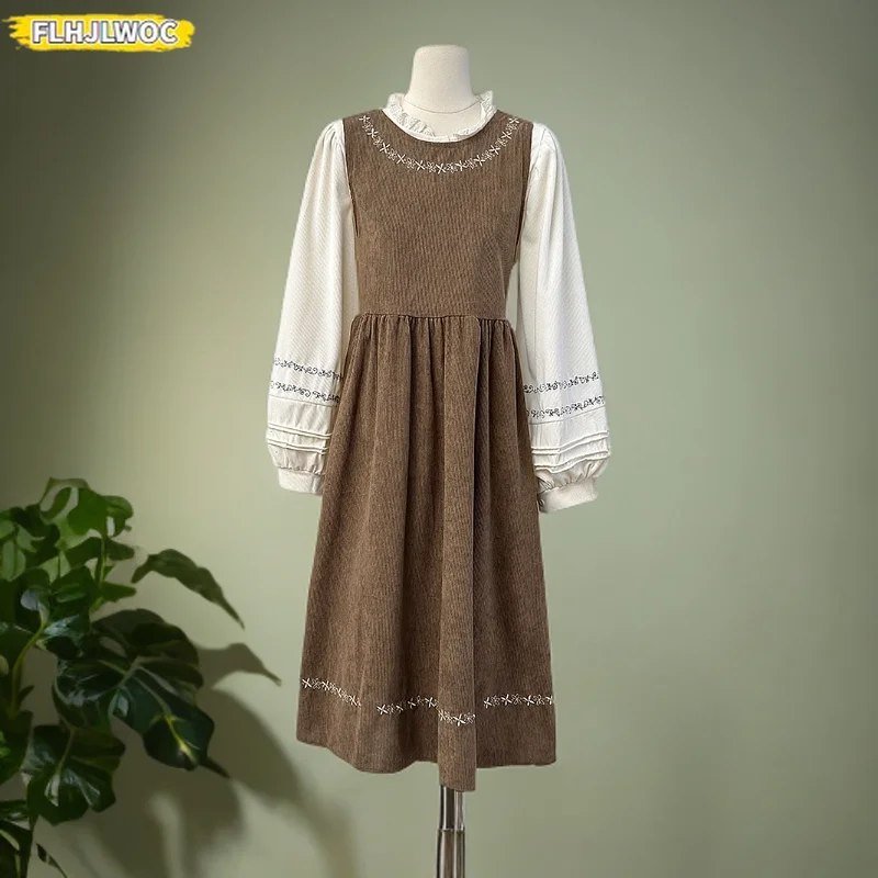Tweedelige shirtjurken Art Mori meisjes lange jurk vrouw retro vintage Japanse stijl schattige zoete ruches borduurwerk corduroy jurk