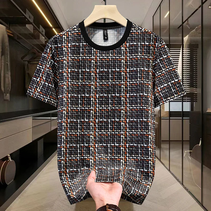 2026 Summer Men's Fashion Comfortable Versatile Breathable Short Sleeve Men's High-Quality Slim Casual Round Neck Plaid T-Shirt