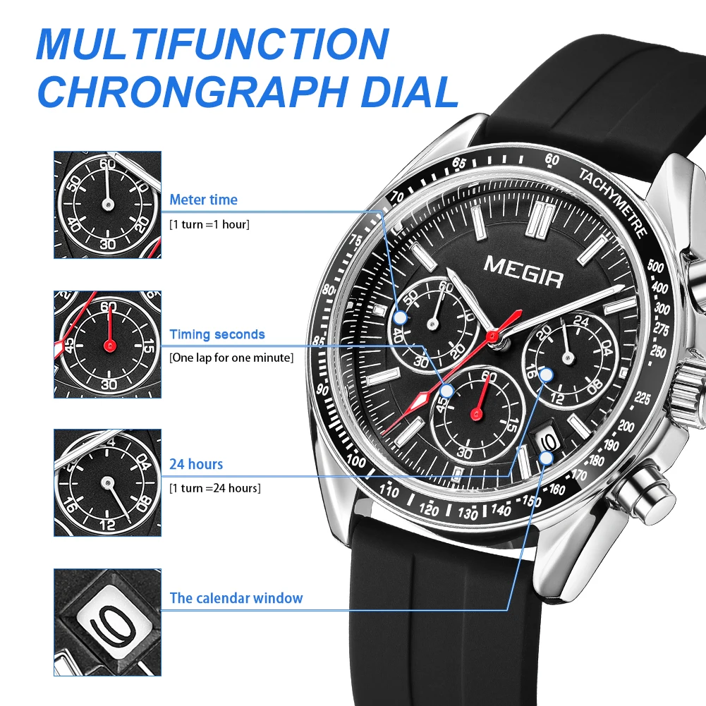 MEGIR Fashion Sports Watches for Men Multifunction Quartz Military Watch Auto Date Chronograph Waterproof Clock Wristwatch