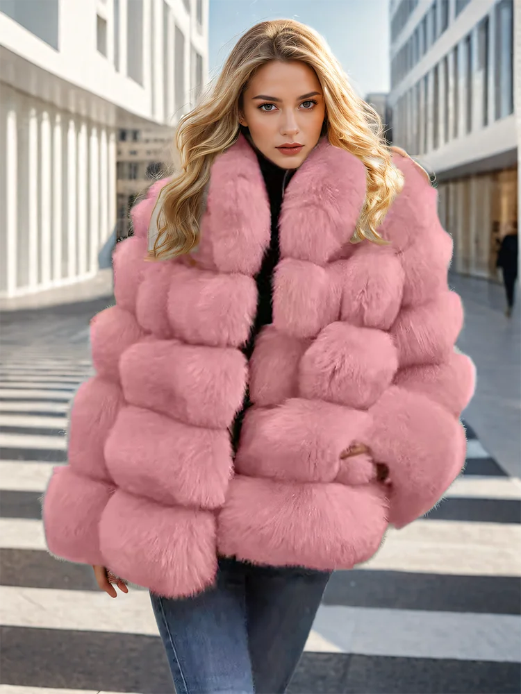 DEAT Fashion Women\'s Faux Fur Coat Lapel Loose Long Sleeves Patchwotk Thick Imitation Rabbit Fur Jacket Winter 2024 New 7AB6101