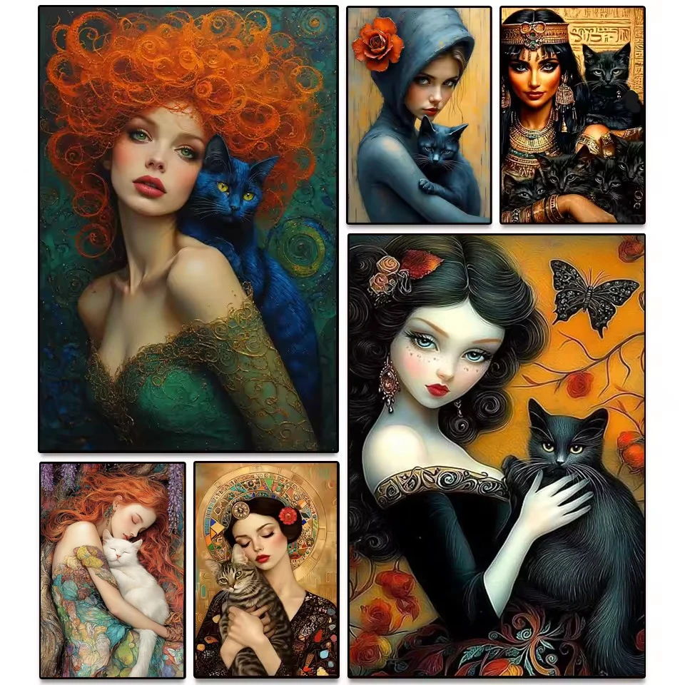 

DIY Diamond Painting Woman Portrait Full Square Round Diamond Embroidery Girl and Cat Mosaic Handicraft Home Decoration