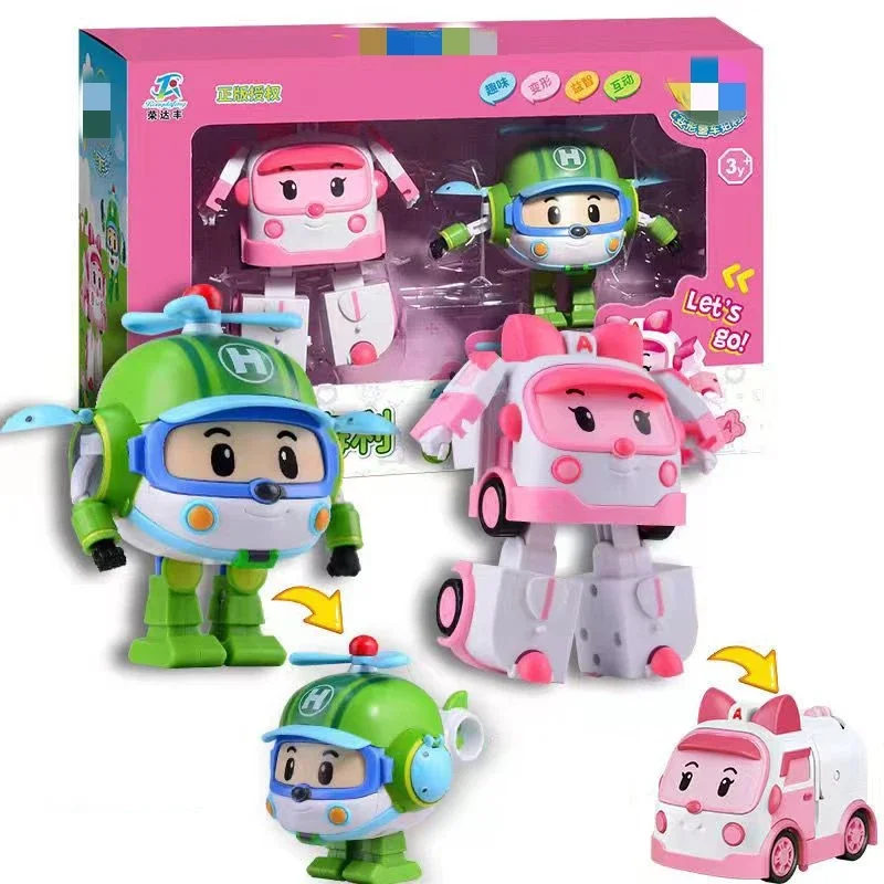 2pcs/set Poli Car Transform Vehicle Robot Toy Poli Amber Roy Action Figure Transform Bus Cartoon Kid Toy Birthday Children Gifts