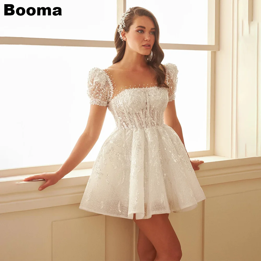 

Booma Luxury A Line Mini Wedding Party Shiny Square Collar Short Sleeves Sequins Bride Dresses for Women Bridals Ball Gowns