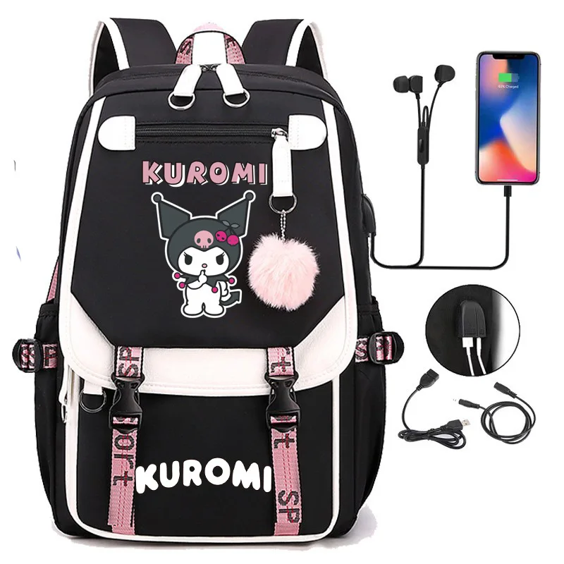 New Fashion kuromi Pattern Backpack Women's Men's Fashion Street Large Capacity Backpack USB Backpacks