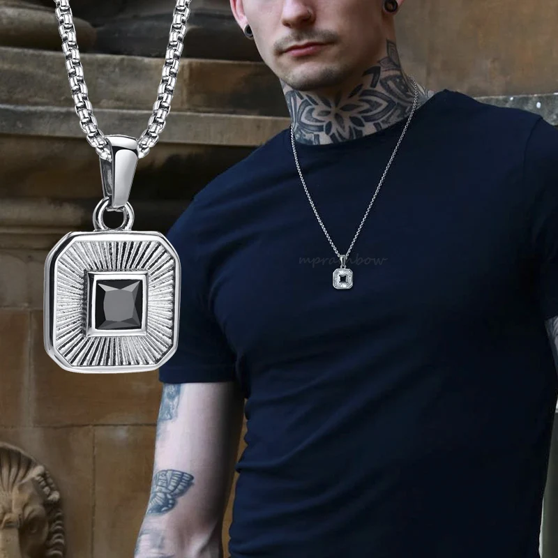 Men's Necklace, Black Geometric Square CZ Stone Embossing Radiation Sunburst Square Pendant, Stainless Steel Mens Jewelry