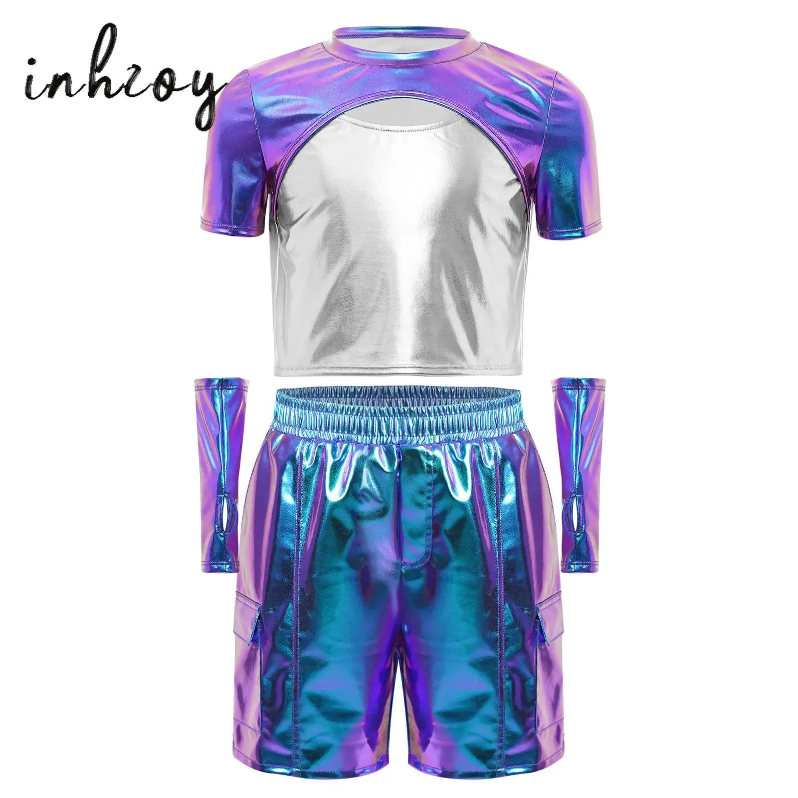 

Kids Girls Hip-Hop Jazz 80s Disco Dance Outfit Short Sleeve Cutout Color Block Metallic Top+Gloves+Cargo Shorts/Pants Dancewear
