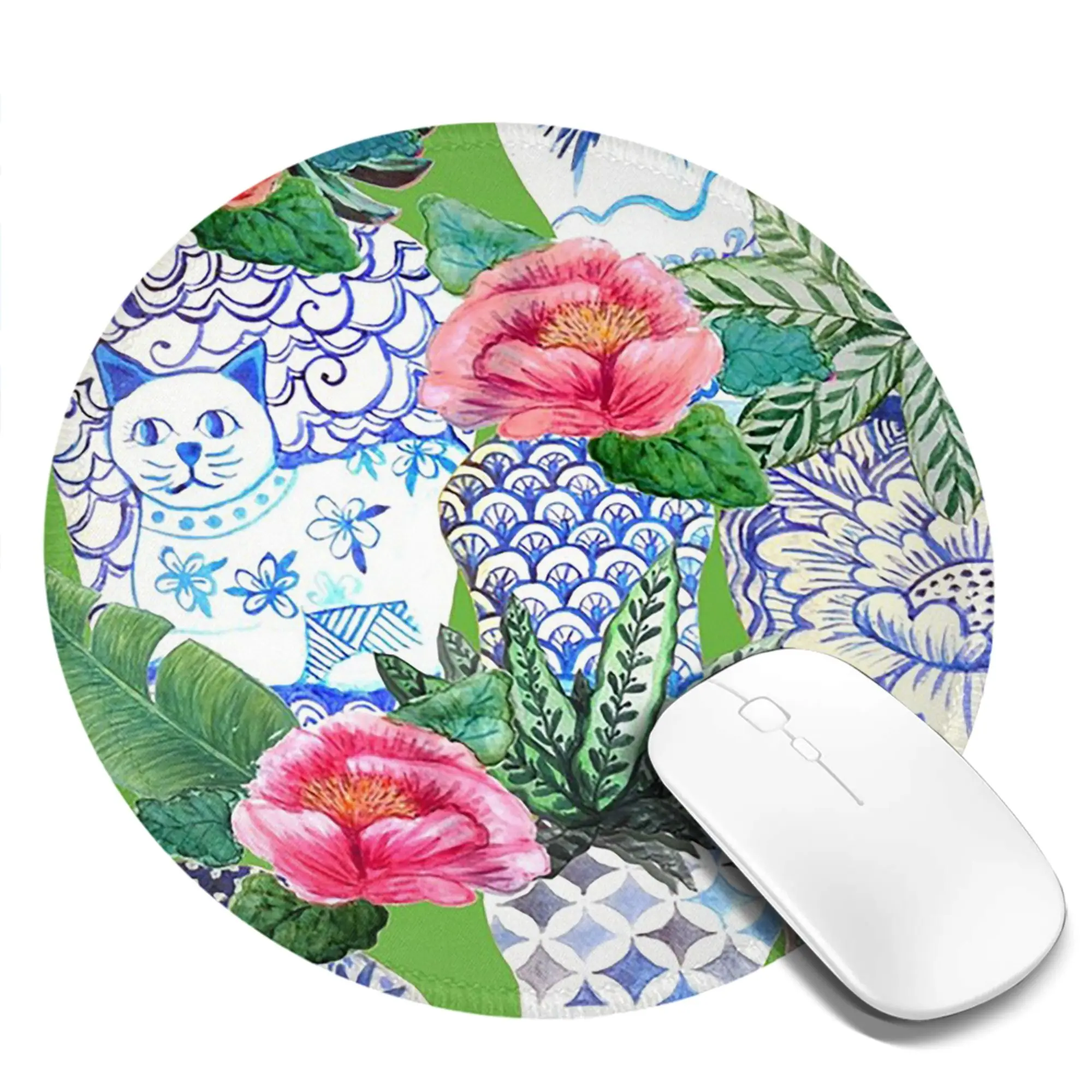 blue white Chinese ginger jars on green, Emerald green Chinoiserie Mouse Pad Computer Keyboard Mouse Mat PC Desk Mat Table Mats