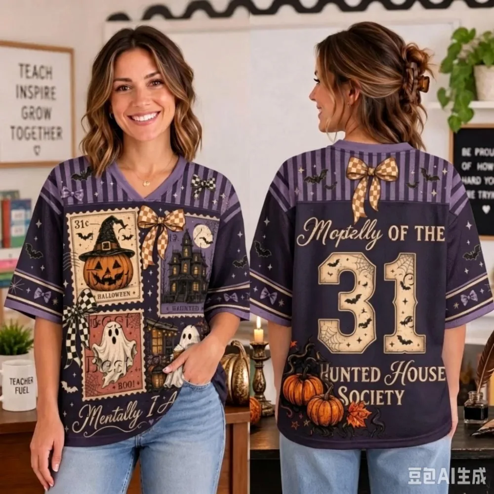 Halloween-Thema Retro-Sport Schnelltrocknend Atmungsaktiv 3D-Gedrucktes Herren V-Neck T-Shirt Street Fashion Hip-Hop Eltern-Kind-Kleidung – Detail 5