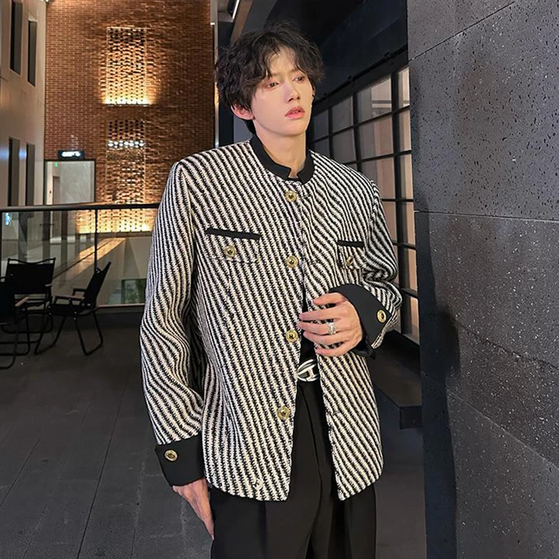 IEFB Korean Style Men\'s Woolen Coats Round Collar Striped Clothing Chic Single Breasted Loose Male Short Jackets Stylish 9C8092