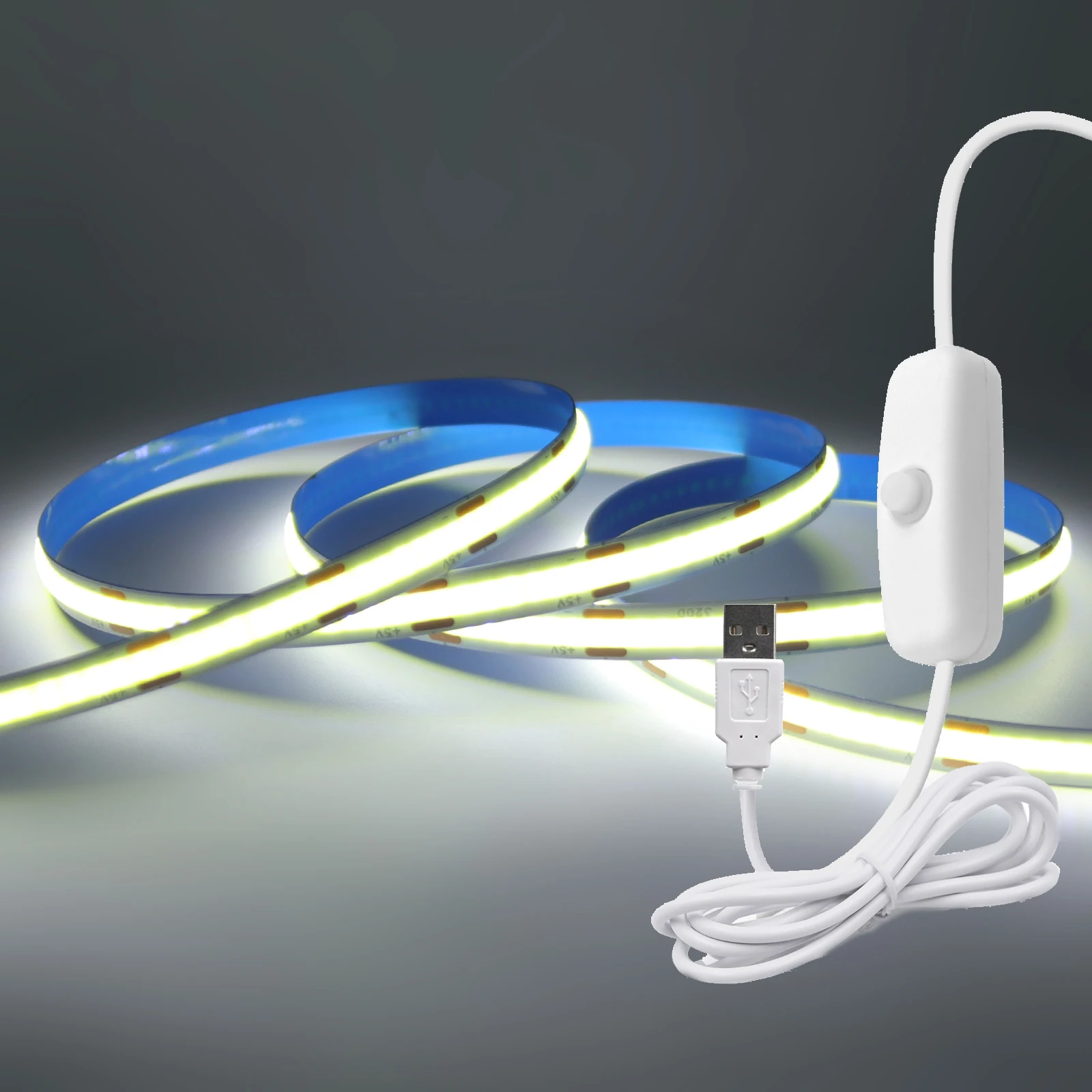 0,5m/1m/2m/3m/5m COB LED-Streifen mit 1,5M EIN/AUS-Schalter 5V USB LED-Lichtband 320LEDs/m Flexibles Klebeband für Zimmer