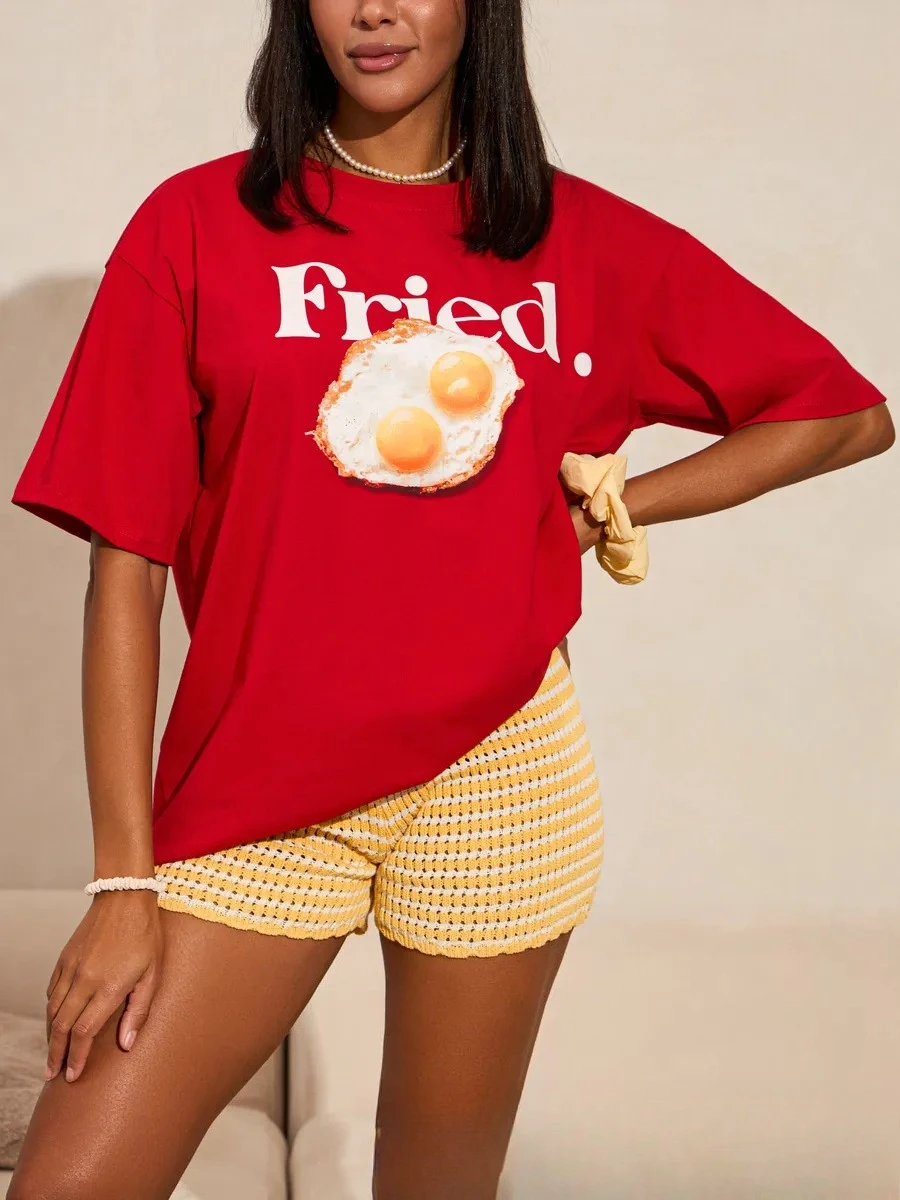 American Women's Lazy Chic Stamped Egg Print 2026 Summer New Arrival 100%  Cotton Short Sleeve Cross-border T-Shirt for Women